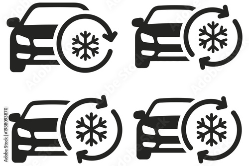 Four automotive air conditioning icons with snowflake symbols, vector illustration for car climate control systems, cooling functions, HVAC indicators, and vehicle dashboard design elements.