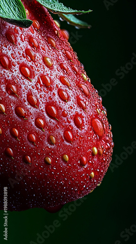 Extreme Macro of Person Nose with Fresh Strawberry Texture and Water Droplets, Surreal Beauty Concept