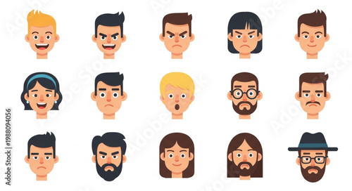 Diverse Collection of Cartoon Faces Expressing Various Emotions.