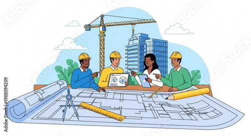 Diverse construction team collaborating on blueprints with city skyline and crane.