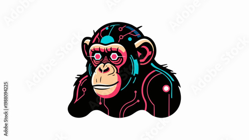 Futuristic cyberpunk monkey with glowing digital circuit lines.