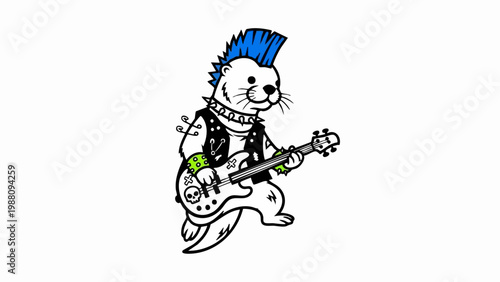 Cute punk rock otter character playing electric guitar.