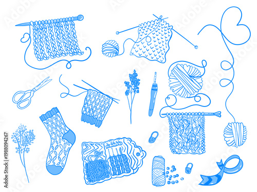 Knitting as a hobby. Ball of yarn, knitting pattern, socks illustrations collection. Hand-drawn vector linework sketch doodles. Flat navy outline isolated icons in Mediterranean blue style.