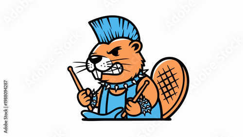Angry punk rock beaver character playing drums.