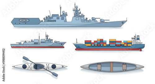Collection of various naval and cargo ships and military vehicles.