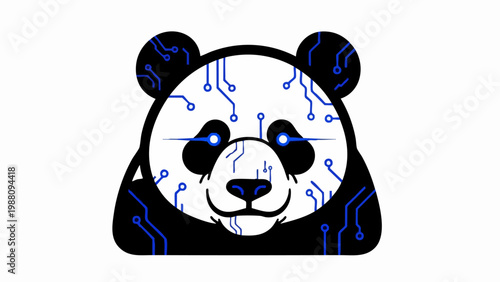 Futuristic digital panda head with circuit board pattern.