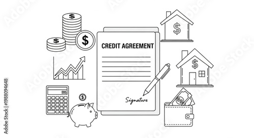 Credit Agreement Document with Financial Icons and Houses.