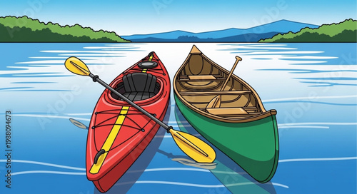 Two Canoes Floating On Calm Water With Mountains In The Background.