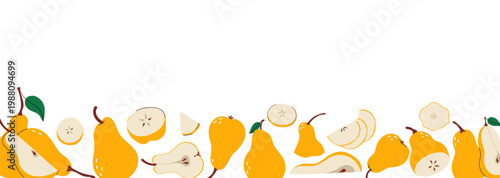 Decorative horizontal bottom border with bright yellow pears in flat cartoon style. Perfect for food blog headers, organic market banners, kitchen decor or seasonal harvest.