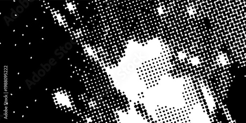 Abstract black and white halftone grunge background with bold dotted texture and splatter effect, modern vector design for edgy digital, print, and creative projects