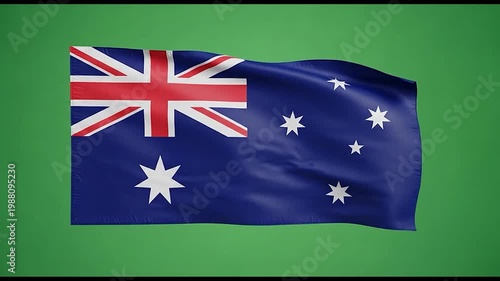 Australian flag waving on green background.