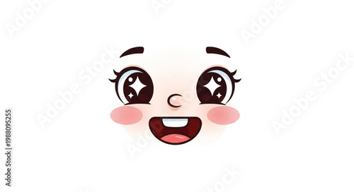 Cute Cartoon Face with Big Sparkly Eyes and Cheerful Expression.
