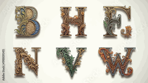Elegant ornate letters with intricate botanical and classical design motifs Vector