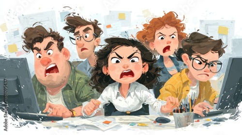 Cartoon of five angry office workers at computers, amidst chaos