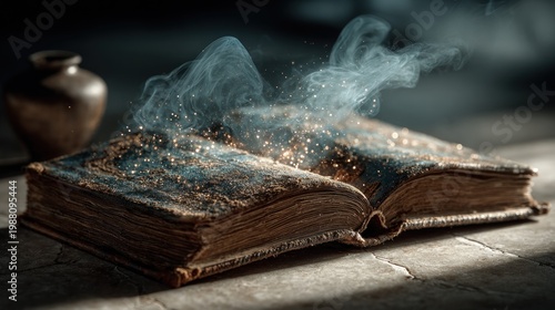 Open, weathered book emitting magical smoke and dust