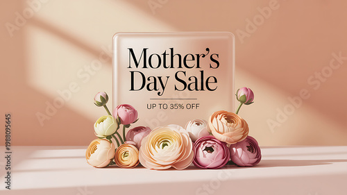 Mother's day sale banner with elegant flowers and discount offer typography on soft pastel background for promotion