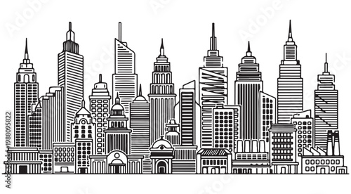 Minimalist city skyline vector illustration featuring black line art skyscrapers and urban buildings for modern architectural design