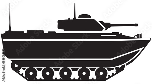 Black silhouette of a military tank armored combat vehicle with turret and tracks vector illustration