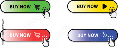 Set of colorful gradient call to action buttons with buy now and click cursor icons for ecommerce web design