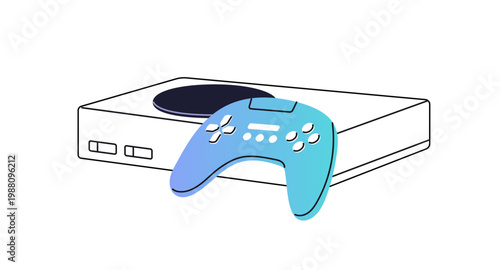 Modern videogame console with joystick in gradient style. Equipment to play video game with controller, gamepad. Gamers device icon. Flat isolated outline vector illustration on white background