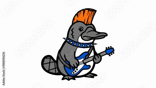 Cartoon punk platypus playing blue electric guitar.