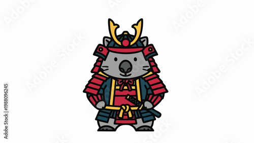 Cute cartoon koala wearing traditional Japanese samurai armor.