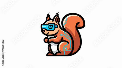Cute squirrel character wearing futuristic virtual reality goggles.