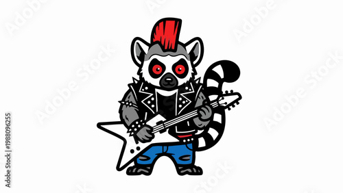 Cartoon lemur character with punk rock style playing electric guitar.