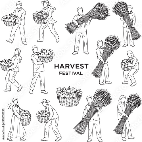 Illustration of diverse people celebrating harvest festival with baskets of produce and wheat sheaves