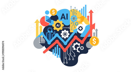 Brain with gears and AI symbols.