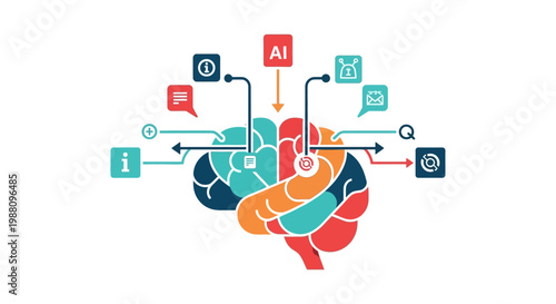 Brain with AI and data symbols.