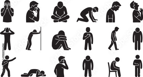 Minimal Vector Silhouette Set of Man Crying, Sadness, and Grief Body Language Poses.