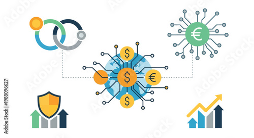 Financial symbols and business icons.