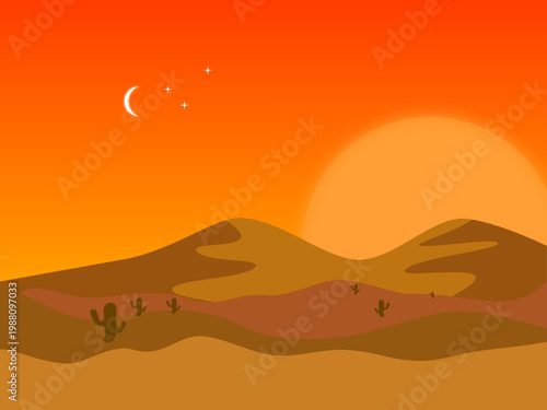 Flat vector illustration of a desert landscape at sunset. Hot Sahara sand dunes with cactus, big sun, moon, and stars in an orange sky.