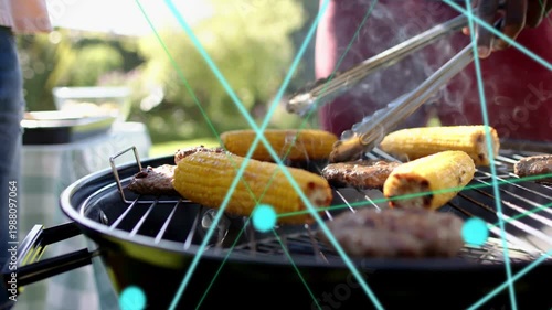 Cook entering with tongs flipping burgers, turning corn on grill turquoise overlay aiding food pros