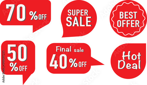 Collection of red discount badges in speech bubble shapes with various percentage off for sales promotion