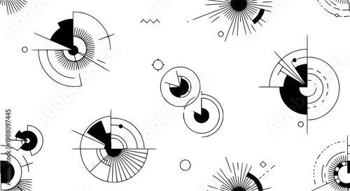 Seamless abstract circle pattern with geometric disks radial lines and modern vector shapes