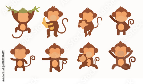 Cute monkey characters vector set with banana baby and jungle poses