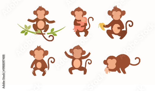 Funny monkey collection with baby banana and swinging jungle vector