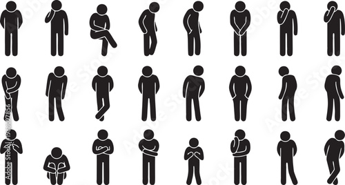Minimal Vector Silhouette Set of Man Shy, Embarrassed, and Introverted Body Language Poses.