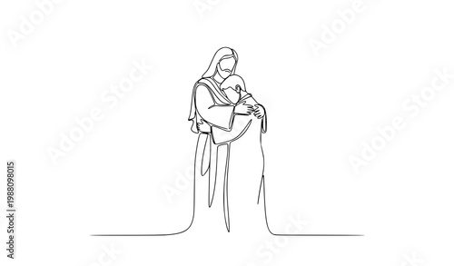 Continuous line spiritual embrace vector with Jesus and man minimalist faith compassion outline art