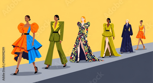 Diverse fashion models showcasing haute couture on a runway.