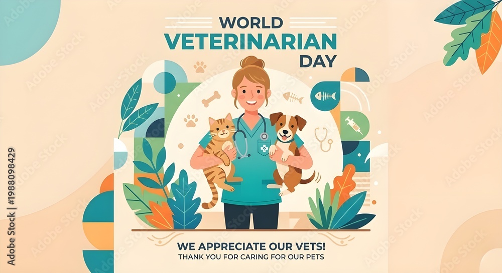 Fototapeta premium World Veterinary Day Illustration with Female Veterinarian Hugging Cute Cat and Dog, Professional Pet Care and Animal Health Concept