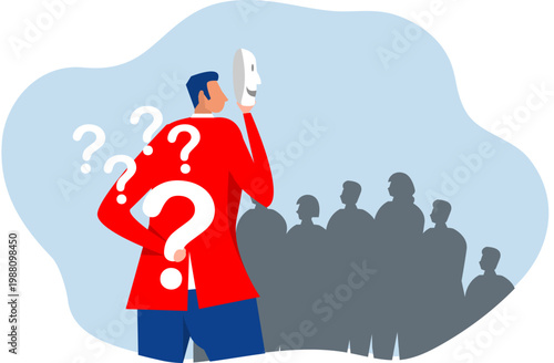 businessman holding smiling mask thinking about being or acting like someone else. Imposter syndrome, hypocrisy, business dishonest or liar, fake, crime or fraudulent concept,vector