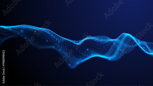Futuristic blue wave formed by glowing particles grid and smooth flowing lines on dark background, represent big data visualization, artificial intelligence, data processing digital technology concept