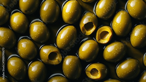 Artistic Still Life of Vibrant Green Olives Displayed Elegantly on a Rustic Wooden Table Surface