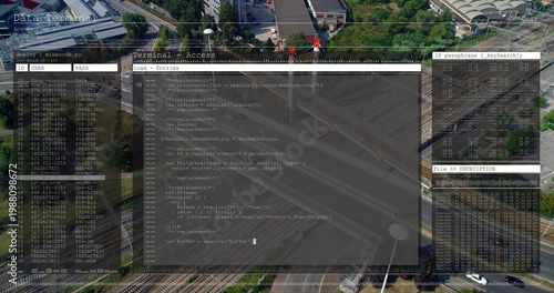 Displaying central code window hovering over aerial highway junction, showing ID USER PASS panels