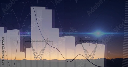 Standing two lattice high-voltage towers anchoring dusk skyline, with faint bars and line graph