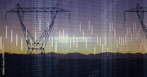 Εκτύπωση καμβά Silhouetting steel lattice tower left of center against dusk mountains, data ove