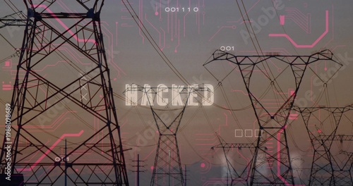 Cyber breach infecting power towers, overlaying magenta circuits and binary, showing HACKED label